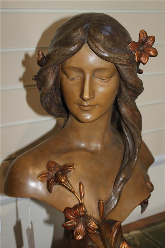 An Art Nouveau Continental painted terracotta bust of a young woman, probably Austrian, overall 27.5in. incl. plinth